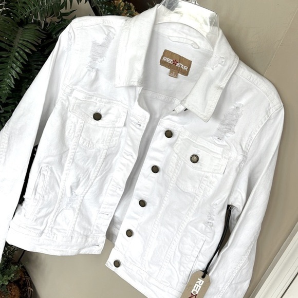 Brand New Red Star White Denim Button Up Collar Jean Jacket Distressed Cotton - Picture 3 of 15